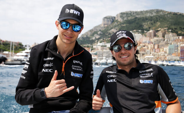 Esteban Ocon (FRA) Sahara Force India F1 Team with team mate Sergio Perez (MEX) Sahara Force India F1. Monaco Grand Prix, Friday 26th May 2017. Monte Carlo, Monaco.