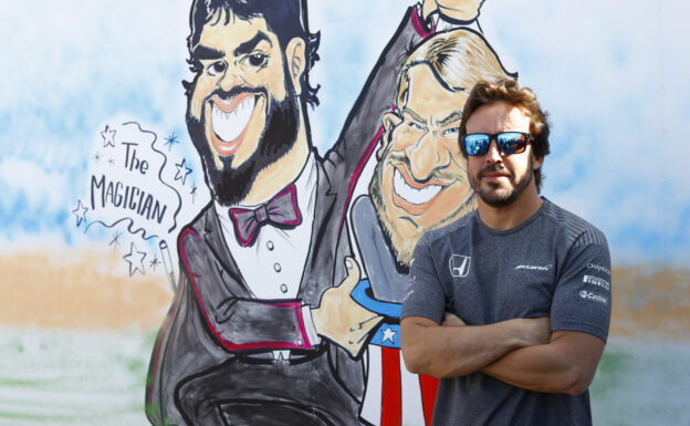 Circuit de Catalunya, Barcelona, Spain. Sunday 14 May 2017. Fernando Alonso, McLaren, alongside a caricature.