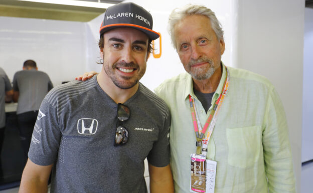 Circuit Gilles Villeneuve, Montreal, Canada. Saturday 10 June 2017. Fernando Alonso, McLaren, with Actor Michael Douglas.