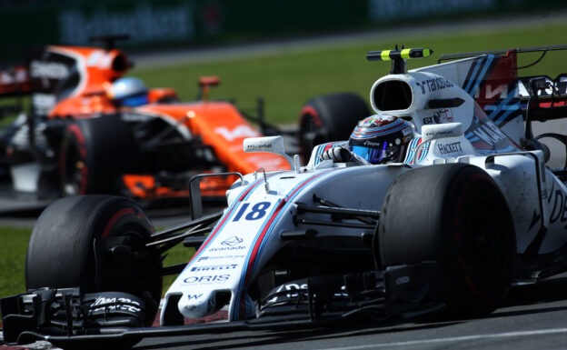 Circuit Gilles Villeneuve, Montreal, Canada. Sunday 11 June 2017. Lance Stroll, Williams FW40 Mercedes, leads Fernando Alonso, McLaren MCL32 Honda.