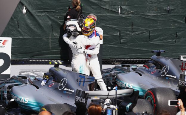 Lewis Hamilton & Valtteri Bottas congratulate each other after their 1-2 finish at the 2017 Canadian GP