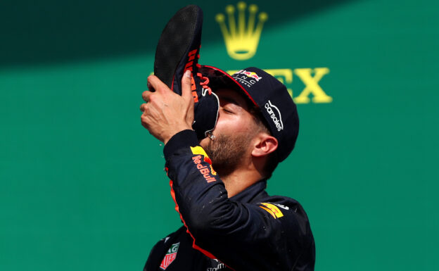 Daniel Ricciardo of Australia and Red Bull Racing celebrates on the podium with a shoey after finishing third in the Canadian Formula One Grand Prix at Circuit Gilles Villeneuve on June 11, 2017 in Montreal, Canada.