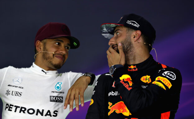 Race winner Lewis Hamilton of Great Britain and Mercedes GP talks with third place finisher Daniel Ricciardo of Australia and Red Bull Racing in the post race press conference during the Canadian Formula One Grand Prix at Circuit Gilles Villeneuve on June 11, 2017 in Montreal, Canada.