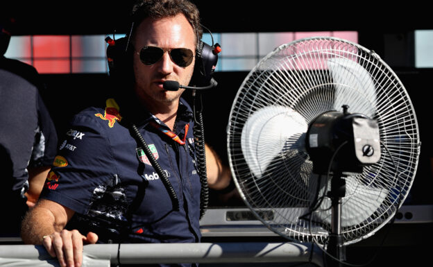 Red Bull Racing Team Principal Christian Horner looks on from the pit wall during qualifying for the Azerbaijan Formula One Grand Prix at Baku City Circuit on June 24, 2017 in Baku, Azerbaijan.