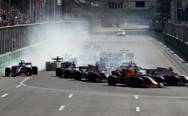 A view of the start showing Max Verstappen driving the (33) Red Bull Racing Red Bull-TAG Heuer RB13 TAG Heuer, Sergio Perez driving the (11) Sahara Force India F1 Team VJM10 Esteban Ocon driving the (31) Sahara Force India F1 Team VJM10 and others during the Azerbaijan Formula One Grand Prix at Baku City Circuit on June 25, 2017 in Baku, Azerbaijan.