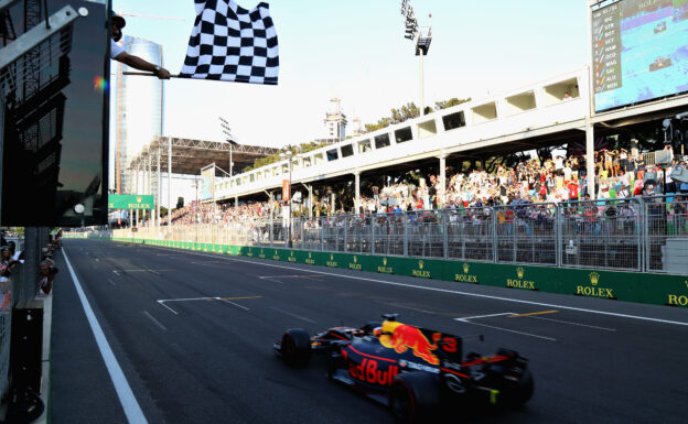 Daniel Ricciardo of Australia driving the (3) Red Bull Racing Red Bull-TAG Heuer RB13 TAG Heuer takes the chequered flag and the win during the Azerbaijan Formula One Grand Prix at Baku City Circuit on June 25, 2017 in Baku, Azerbaijan.