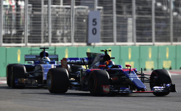 Carlos Sainz of Spain driving the (55) Scuderia Toro Rosso STR12 on track during the Azerbaijan Formula One Grand Prix at Baku City Circuit on June 25, 2017 in Baku, Azerbaijan.