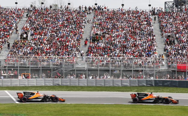 Circuit Gilles Villeneuve, Montreal, Canada. Sunday 11 June 2017. Fernando Alonso, McLaren MCL32 Honda, leads Stoffel Vandoorne, McLaren MCL32 Honda.