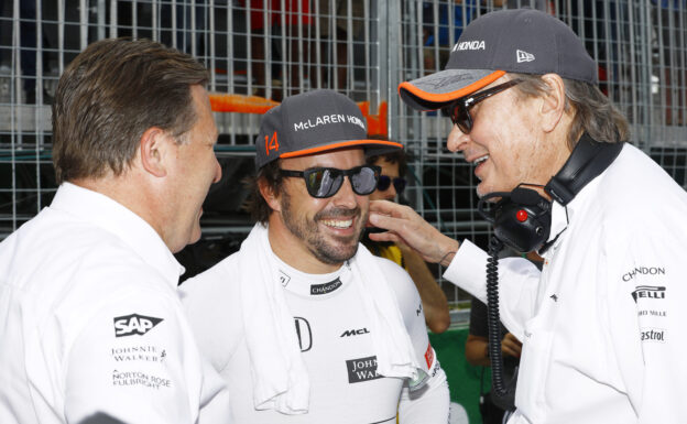 Circuit Gilles Villeneuve, Montreal, Canada. Sunday 11 June 2017. Zak Brown, Executive Director, McLaren Technology Group, Fernando Alonso, McLaren, and Mansour Ojjeh, CEO, TAG, on the grid.