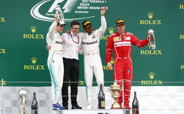 2017 Birtish GP podium: 1. Hamlton, 2. Bottas, 3. Raikkonen