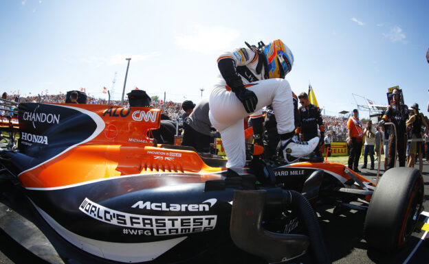 Hungaroring, Budapest, Hungary. .Fastest Lap Sunday 30 July 2017. Fernando Alonso, McLaren, exits his car on the grid.