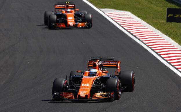 Hungaroring, Budapest, Hungary. . Sunday 30 July 2017. Fernando Alonso, McLaren MCL32 Honda, leads Stoffel Vandoorne, McLaren MCL32 Honda.