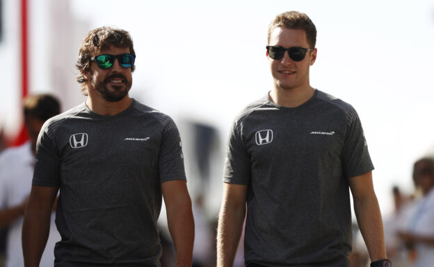 Silverstone, Northamptonshire, UK. Friday 28 July 2017. Fernando Alonso, McLaren, with Stoffel Vandoorne, McLaren.