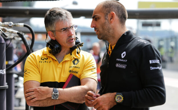 (L to R): Nick Chester (GBR) Renault Sport F1 Team Chassis Technical Director with Cyril Abiteboul (FRA) Renault Sport F1 Managing Director. Belgian Grand Prix, Saturday 26th August 2017. Spa-Francorchamps, Belgium.