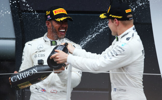 Lewis Hamilton & Valtteri Bottas Mercedes on podium of British GP F1 2017