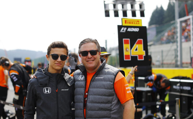 Spa Francorchamps, Belgium. Sunday 27 August 2017. Lando Norris, Development Driver, McLaren, with Zak Brown, Executive Director, McLaren Technology Group.