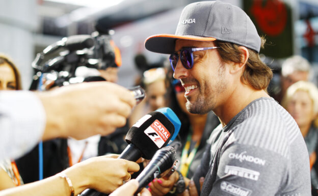 Spa Francorchamps, Belgium. Thursday 24 August 2017. Fernando Alonso, McLaren, speaks to the media.