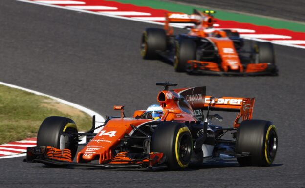 Suzuka Circuit, Japan. Sunday 8 October 2017. Fernando Alonso, McLaren MCL32 Honda, leads Stoffel Vandoorne, McLaren MCL32 Honda.