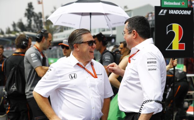 Autodromo Hermanos Rodriguez, Mexico City, Mexico. Sunday 29 October 2017. Zak Brown, Executive Director, McLaren Technology Group, with Eric Boullier, Racing Director, McLaren.