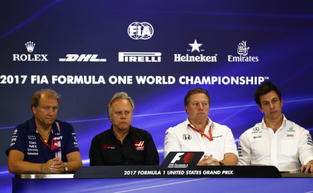 Circuit of the Americas, Austin, Texas, United States of America. Friday 20 October 2017. Bob Fernley, Deputy Team Principal, Force India, Gene Haas, Team Owner, Haas F1, Zak Brown, Executive Director, McLaren Technology Group, and Toto Wolff, Executive Director (Business), Mercedes AMG, in the Team Principals Press Conference. World Copyright: Sam Bloxham/LAT Images ref: Digital Image _J6I7234