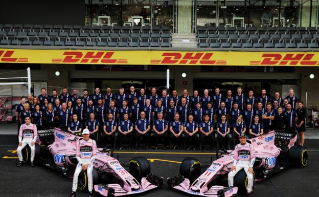 (L to R): Alfonso Celis Jr (MEX) Sahara Force India F1 Development Driver; Esteban Ocon (FRA) Sahara Force India F1 VJM10; and Sergio Perez (MEX) Sahara Force India F1; at a team photograph. Mexican Grand Prix, Saturday 28th October 2017. Mexico City, Mexico.