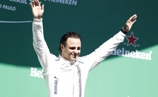 Interlagos, Sao Paulo, Brazil. Sunday 12 November 2017. Felipe Massa, Williams Martini Racing, celebrates his last home Grand Prix with the fans from the podium.