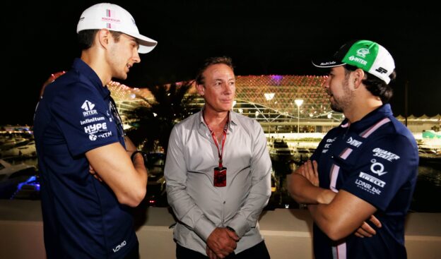 (L to R): Esteban Ocon (FRA) Sahara Force India F1 Team with Bertrand Gachot (BEL) Hype Energy CEO and Sergio Perez (MEX) Sahara Force India F1, at a Hype Energy Drink event. Abu Dhabi Grand Prix, Thursday 23rd November 2017. Yas Marina Circuit, Abu Dhabi, UAE.