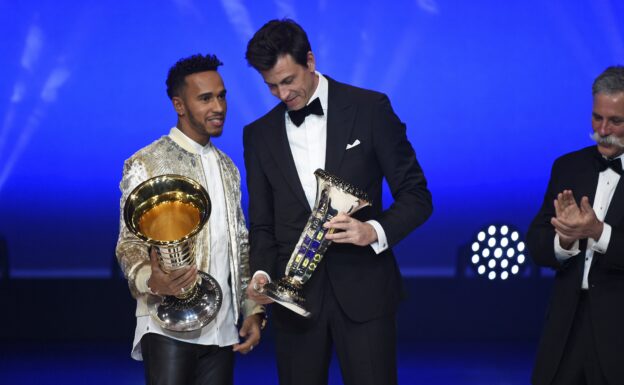 Lewis Hamilton with Toto Wolffduring the FIA Prize Giving at Versailles on december 8 2017