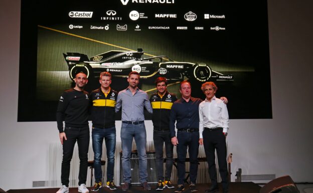 Cyril Abiteboul (FRA) Renault Sport F1 Managing Director; Nico Hulkenberg (GER) Renault Sport F1 Team; Carlos Sainz Jr (ESP) Renault Sport F1 Team; and Alain Prost (FRA) Renault Sport F1 Team Special Advisor, with guests. Renault Sport F1 Team Presentation. Thursday 22nd February 2018. Atelier Renault, Paris, France.