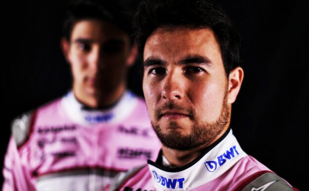 Sergio Perez (MEX) Sahara Force India F1 and Esteban Ocon (FRA) Sahara Force India F1 Team. Sahara Force India F1 Team Studio Shoot, Friday 16th February 2018. Silverstone, England.