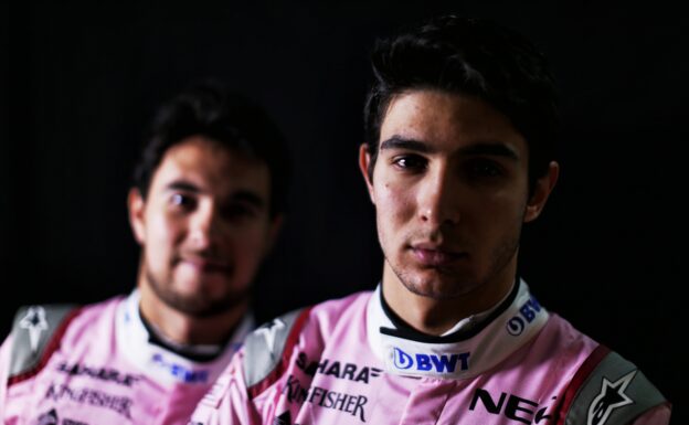 Esteban Ocon (FRA) Sahara Force India F1 Team and Sergio Perez (MEX) Sahara Force India F1. Sahara Force India F1 Team Studio Shoot, Friday 16th February 2018. Silverstone, England.