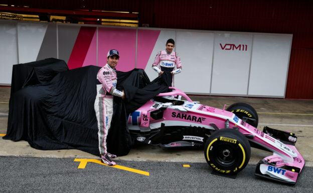 Sergio Perez (MEX) Sahara Force India F1 and Esteban Ocon (FRA) Sahara Force India F1 Team unveil the Sahara Force India F1 VJM11. Formula One Testing, Day 1, Monday 26th February 2018. Barcelona, Spain.