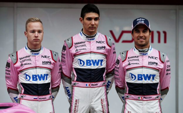 (L to R): Nikita Mazepin (RUS) Sahara Force India F1 Team with Esteban Ocon (FRA) Sahara Force India F1 Team and Sergio Perez (MEX) Sahara Force India F1. Formula One Testing, Day 1, Monday 26th February 2018. Barcelona, Spain.