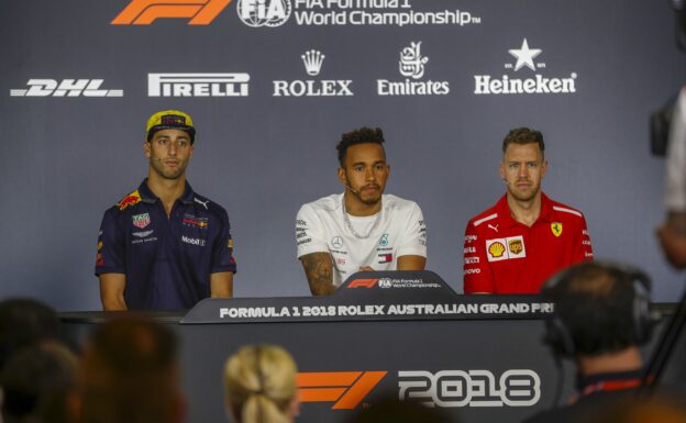 Daniel Ricciardo, Red Bull Racing, Lewis Hamilton, Mercedes AMG F1, and Sebastian Vettel, Ferrari, in the Thursday drivers Press Conference during the Australian GP at Melbourne