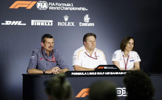 Press conference. STEINER Guenther (ita), Team Principal Haas F1 team, BROWN Zak (usa), Executive Director of Mclaren F1 team, WILLIAMS Claire (gbr), Deputy Team Principal, portrait during 2018 Formula 1 FIA world championship, Bahrain Grand Prix, at Sakhir from April 5 to 8 - Photo Florent Gooden / DPPI