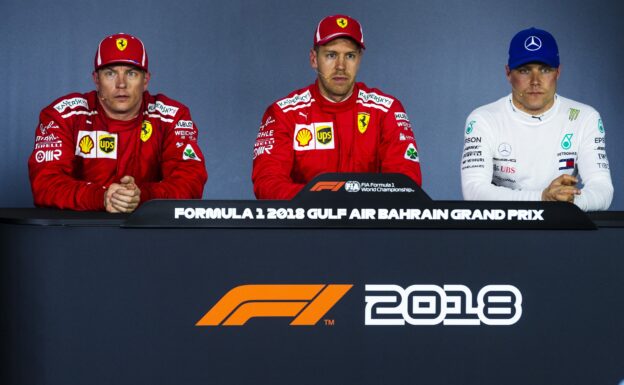 Kimi Raikkonen, Sebastian Vettel and Valteri Bottas in the press conference Bahrain 2018