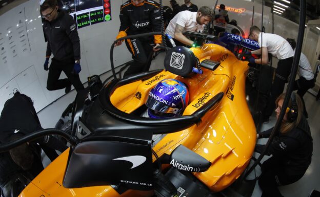 Shanghai International Circuit, Shanghai, China. Saturday 14th April, 2018. Fernando Alonso, McLaren MCL33 Renault, in the garage.