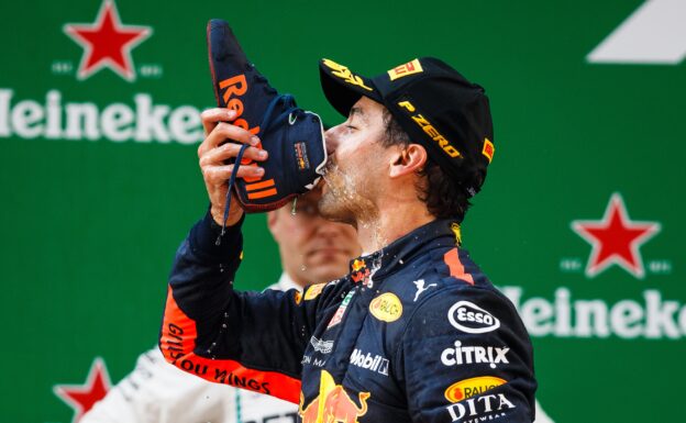 Daniel Ricciardo doing a shoey after being the winner of the 2018 Chinese GP