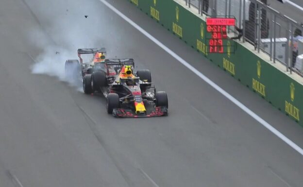 Daniel Ricciardo collides with Max Verstappen's Red Bull RB14 in Azerbaijan 2018