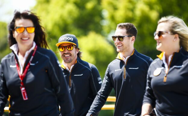 Shanghai International Circuit, Shanghai, China. Sunday April 15th, 2018. Fernando Alonso and McLaren team-mate Stoffel Vandoorne.