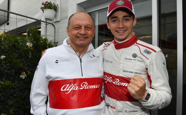 Charles Leclerc Sauber F1 Team celebrates sixth place with Frederic Vasseur, Team Principal at Formula One World Championship, Rd4, Azerbaijan Grand Prix 2018.