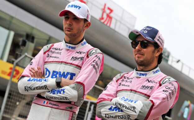 Esteban Ocon Sahara Force India F1 Team with team mate Sergio Perez Sahara Force India F1. Chinese Grand Prix 2018.