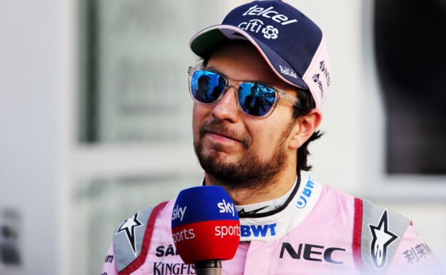 Sergio Perez (MEX) Sahara Force India F1 with the media. Azerbaijan Grand Prix, Saturday 28th April 2018. Baku City Circuit, Azerbaijan.