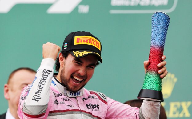 Sergio Perez (MEX) Sahara Force India F1 celebrates his third position on the podium. Azerbaijan Grand Prix, Sunday 29th April 2018. Baku City Circuit, Azerbaijan.