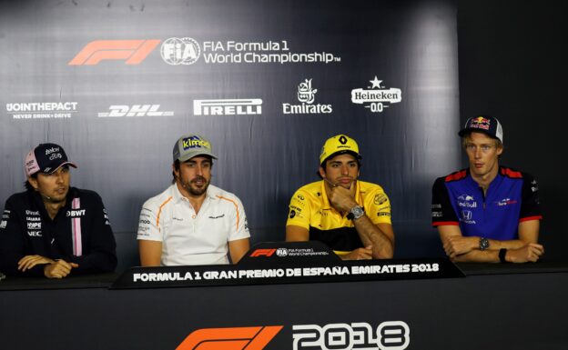 The FIA Press Conference: Sergio Perez Sahara Force India F1; Fernando Alonso McLaren; Carlos Sainz Jr Renault Sport F1 Team; Brendon Hartley Scuderia Toro Rosso. Spanish Grand Prix 2018