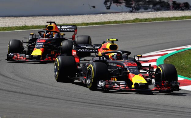 Max Verstappen of the Netherlands leads Daniel Ricciardo on track during the Spanish GP F1/2018.