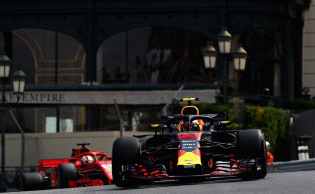 Max Verstappen driving the (33) Aston Martin Red Bull Racing RB14 TAG Heuer leads Sebastian Vettel of Germany driving the (5) Scuderia Ferrari SF71H on track during practice for the Monaco Formula One Grand Prix 2018.