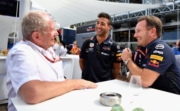 Daniel Ricciardo of Red Bull Racing talks with Red Bull Racing Team Principal Christian Horner and Red Bull Racing Team Consultant Dr Helmut Marko on the Red Bull Energy Station before the Monaco GP F1/2018.