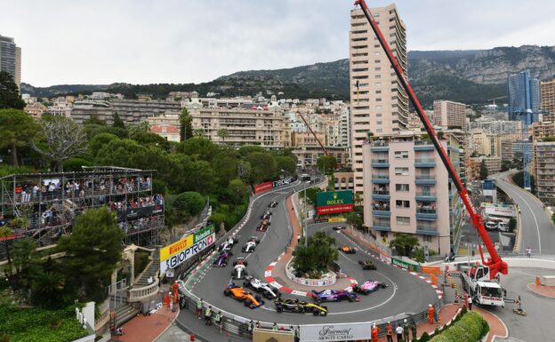 A general view around the Grand Hotel Hairpin on the first lap showing Pierre Gasly of Scuderia Toro Rosso STR13 Honda, Nico Hulkenberg driving the (27) Renault Sport Formula One Team RS18, Stoffel Vandoorne driving the (2) McLaren F1 Team MCL33 Renault and Sergio Perez of driving the (11) Sahara Force India F1 Team VJM11 Mercedes among others during the Monaco Formula One Grand Prix at Circuit de Monaco on May 27, 2018 in Monte-Carlo, Monaco.