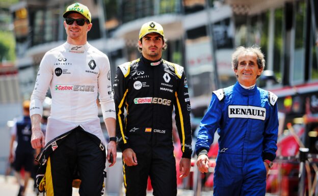 Nico Hulkenberg Renault Sport F1 Team with Carlos Sainz Jr Renault Sport F1 Team and Alain Prost Renault Sport F1 Team Special Advisor. Monaco Grand Prix, Friday 25th May 2018. Monte Carlo, Monaco.